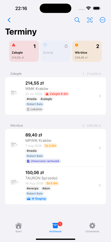 Lista terminów — zaległe i nadchodzące