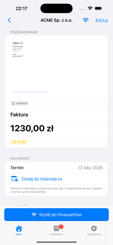 Szczegóły faktury z przyciskiem Wyślij do FinanceFlow