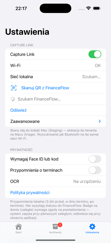 Capture Link włączony w ustawieniach