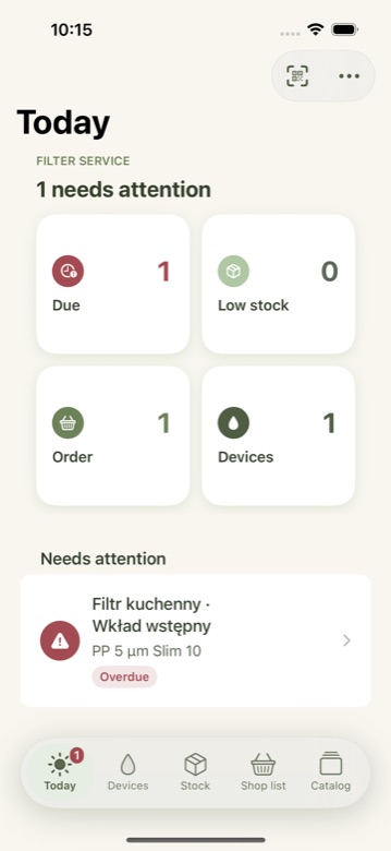 Devices list with kitchen filter