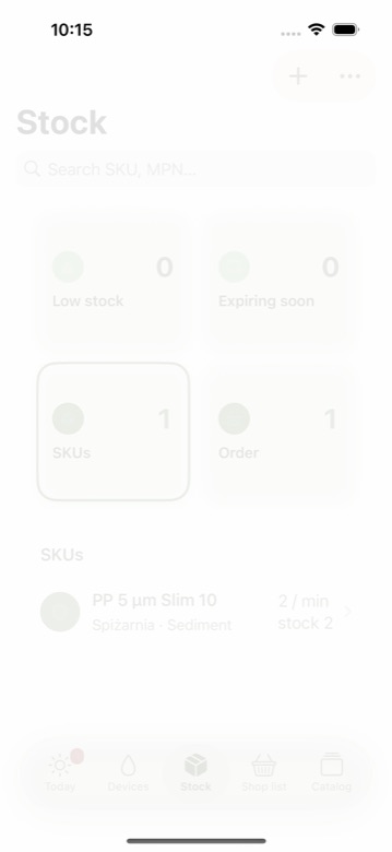 Stock tab with low-stock summary tiles