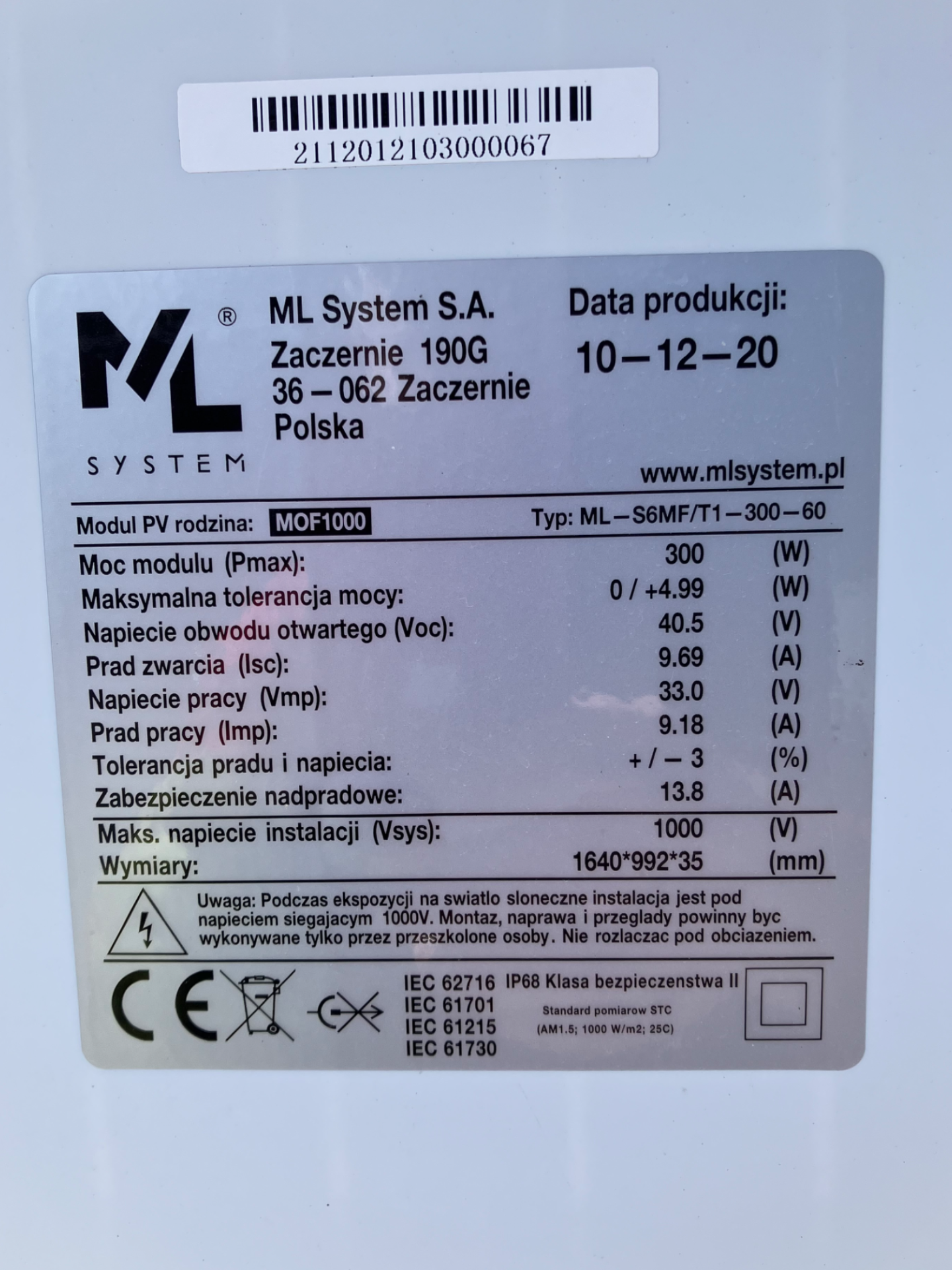Specyfikacja paneli 300W